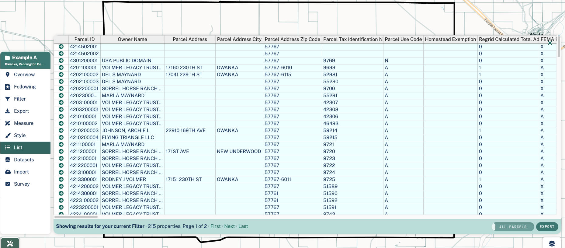 Spreadsheet view of property data